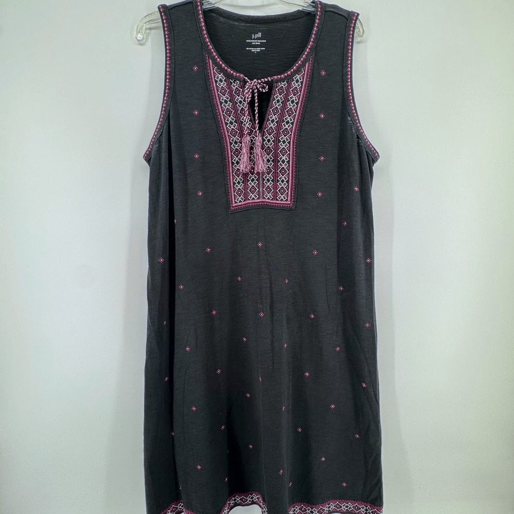 J Jill Embroidered Sleeveless Knit Dress Black Pink Tassel Tie Neck Size L